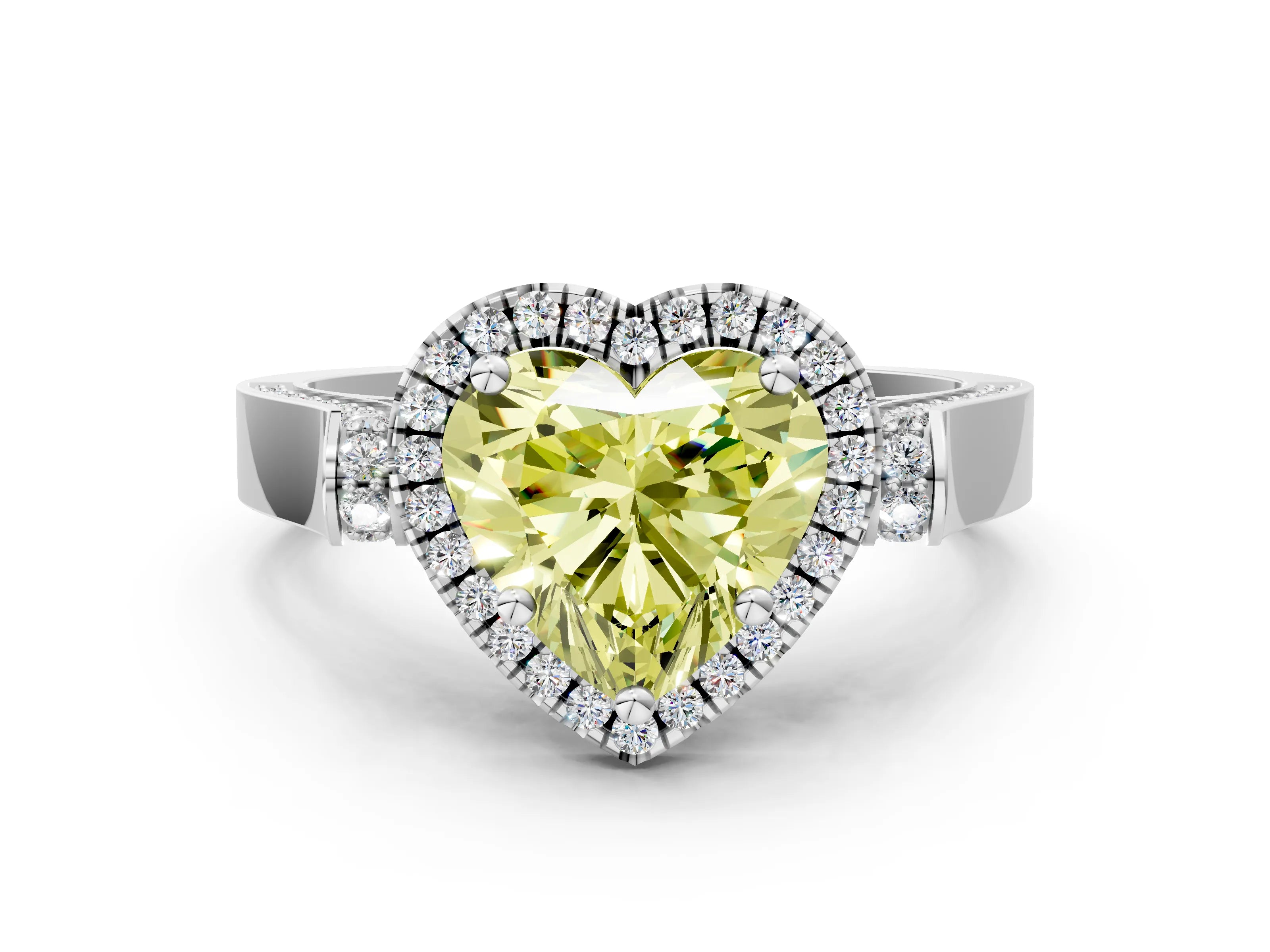 White gold Fancy Yellow Heart Cut Halo Round Diamond Twist Band with Four-Prong Setting_24
