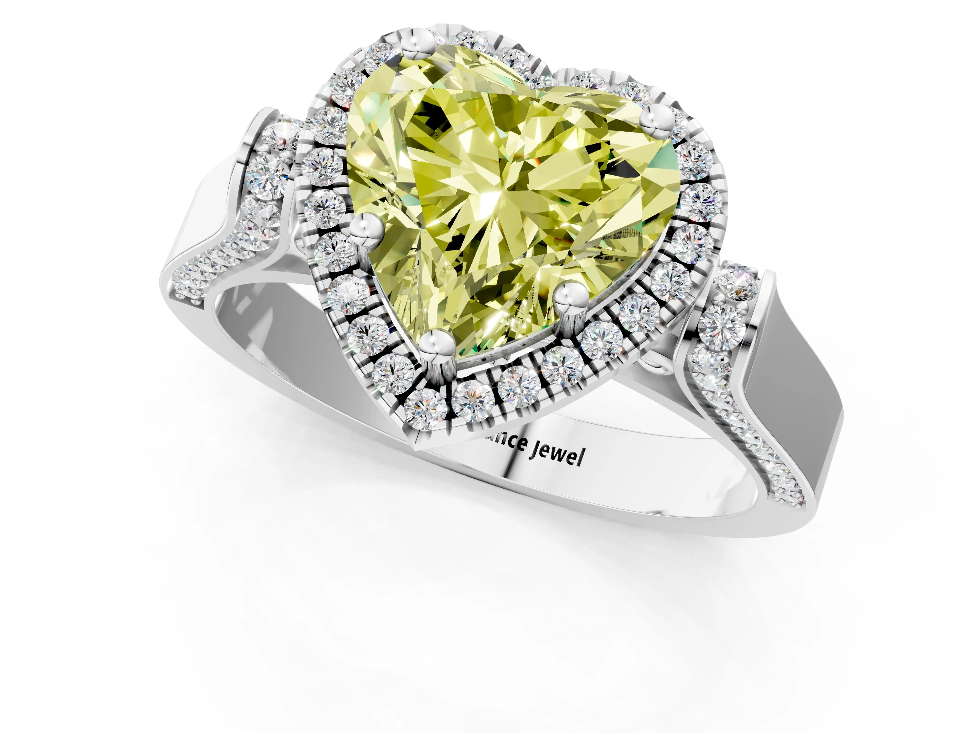 White gold Fancy Yellow Heart Cut Halo Round Diamond Twist Band with Four-Prong Setting_25