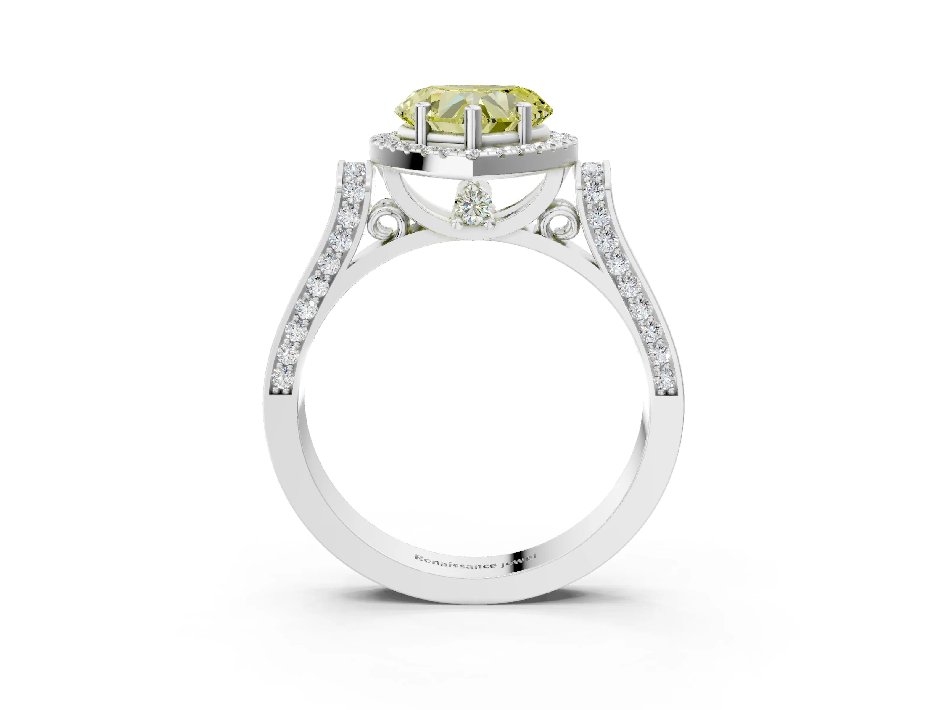 White gold Fancy Yellow Heart Cut Halo Round Diamond Twist Band with Four-Prong Setting_27