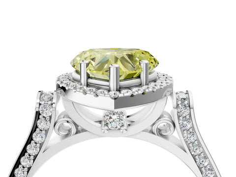 White gold Fancy Yellow Heart Cut Halo Round Diamond Twist Band with Four-Prong Setting_4
