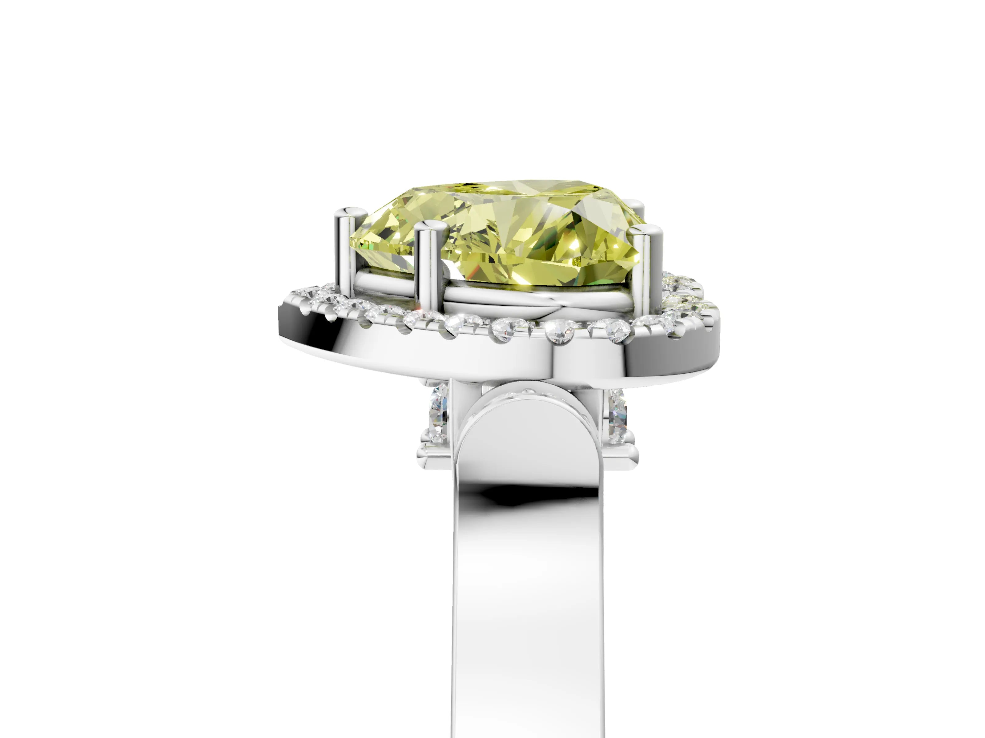 White gold Fancy Yellow Heart Cut Halo Round Diamond Twist Band with Four-Prong Setting_5