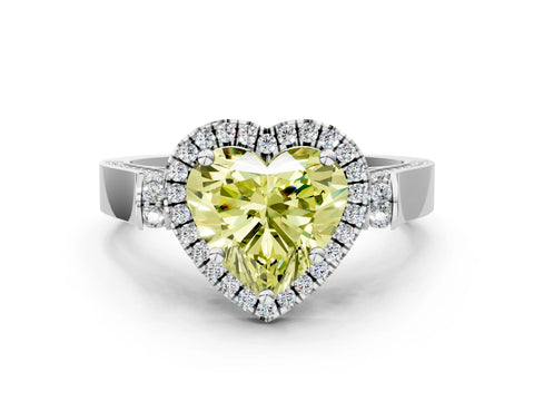 White gold Fancy Yellow Heart Cut Halo Round Diamond Twist Band with Four-Prong Setting