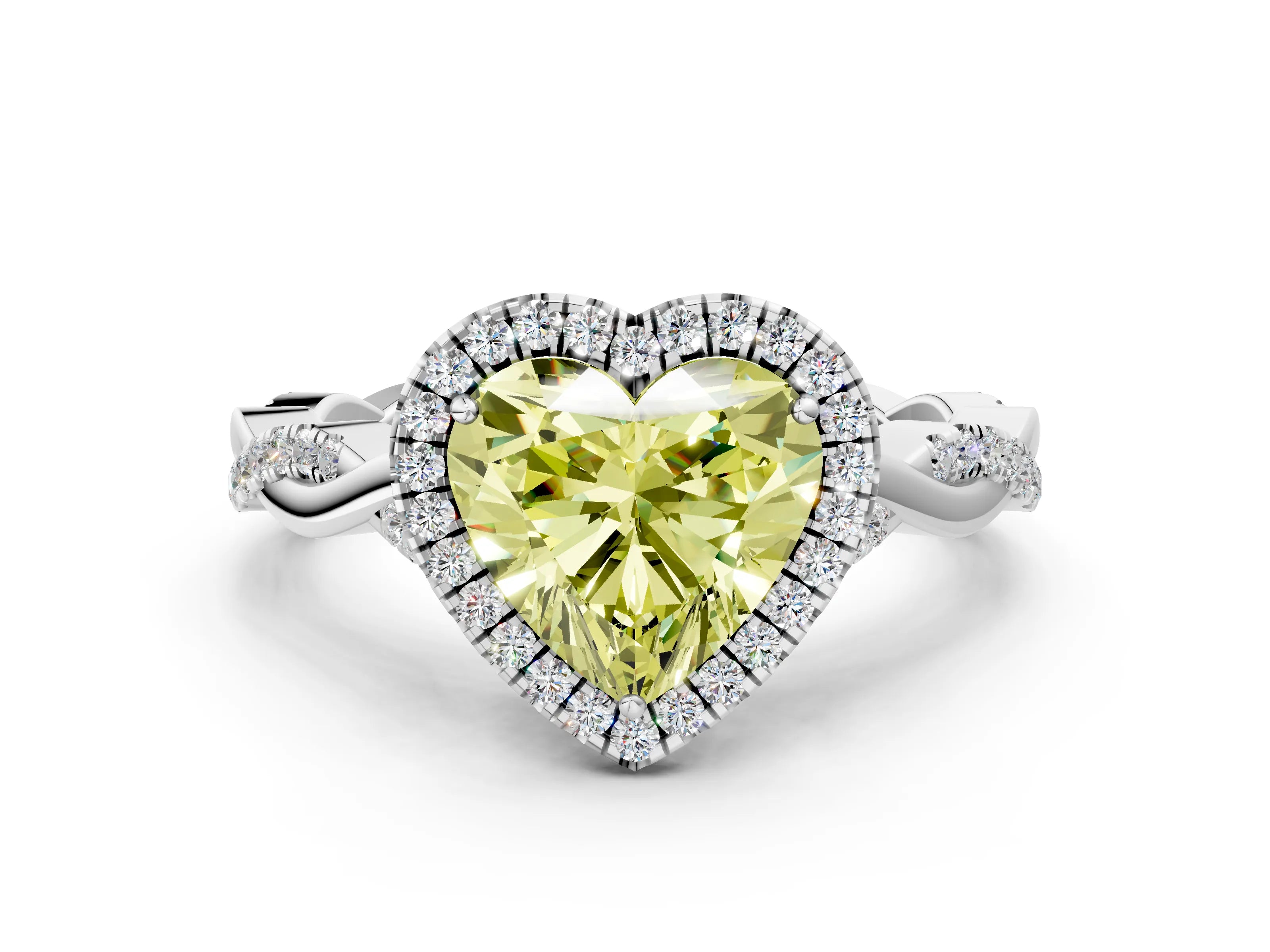 White gold Fancy Yellow Heart Cut Halo Twist Band with Four-Prong Setting
