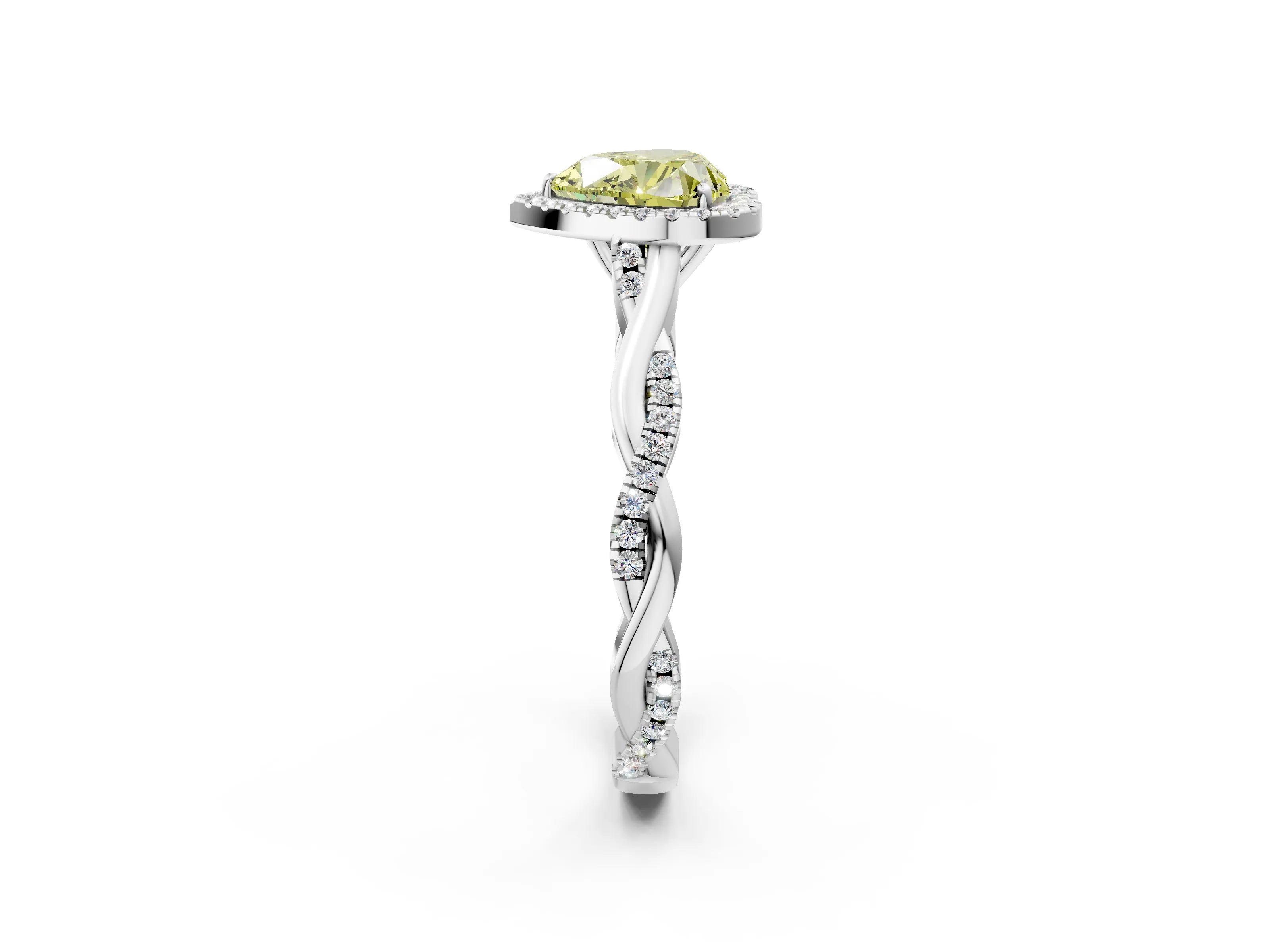 White gold Fancy Yellow Heart Cut Halo Twist Band with Four-Prong Setting_2