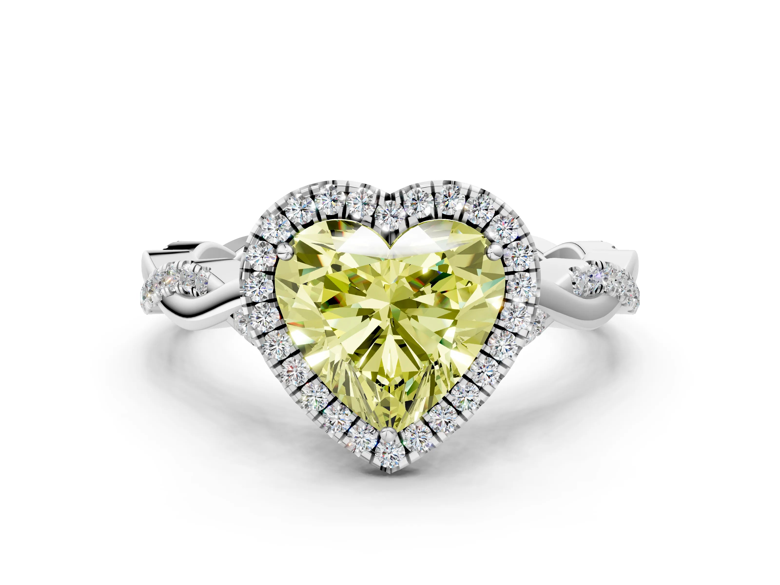 White gold Fancy Yellow Heart Cut Halo Twist Band with Four-Prong Setting_96