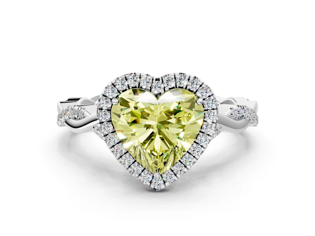 White gold Fancy Yellow Heart Cut Halo Twist Band with Four-Prong Setting_96