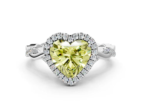 White gold Fancy Yellow Heart Cut Halo Twist Band with Four-Prong Setting