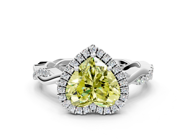 Platinum Fancy Yellow Heart  Cut Halo Twisted Band Four-Prong Ring