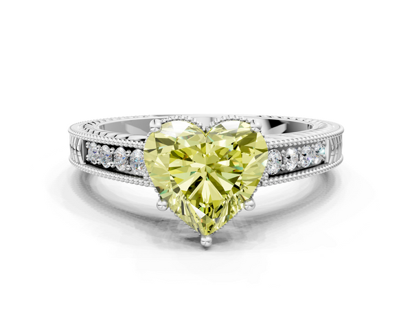 Platinum Fancy Yellow Heart Cut Diamond Engagement Ring with Milgrain Channel Set Band and Prong Setting