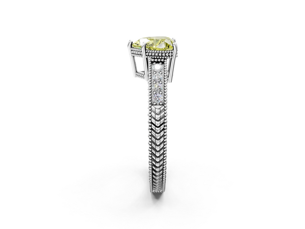 Platinum Fancy Yellow Heart Cut Diamond Engagement Ring with Milgrain Channel Set Band and Prong Setting
