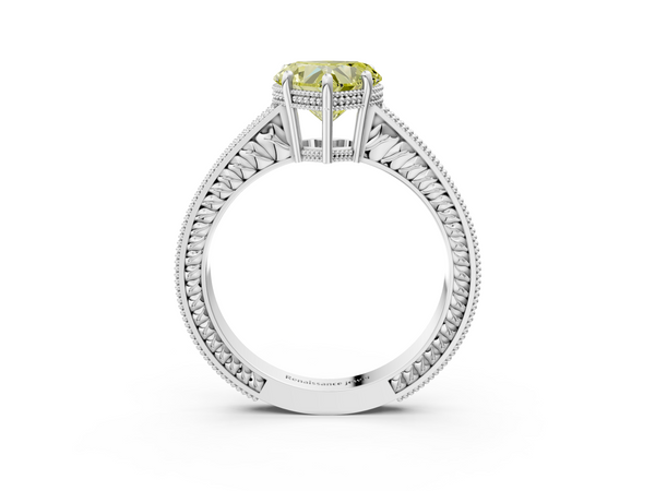 Platinum Fancy Yellow Heart Cut Diamond Engagement Ring with Milgrain Channel Set Band and Prong Setting