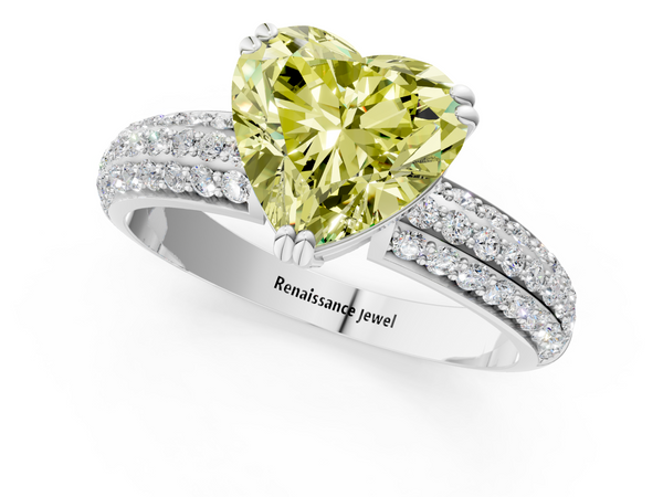 Platinum Fancy Yellow Heart  Cut Pave Diamond Engagement Ring with Channel Set Band and Four-Prong Setting