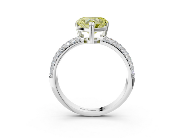 Platinum Fancy Yellow Heart  Cut Pave Diamond Engagement Ring with Channel Set Band and Four-Prong Setting