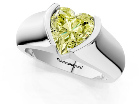 White gold Fancy Yellow Heart Cut Solitaire Bezel Set Diamond Ring with Wide Band_1