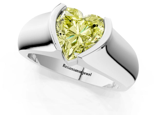 White gold Fancy Yellow Heart Cut Solitaire Bezel Set Diamond Ring with Wide Band