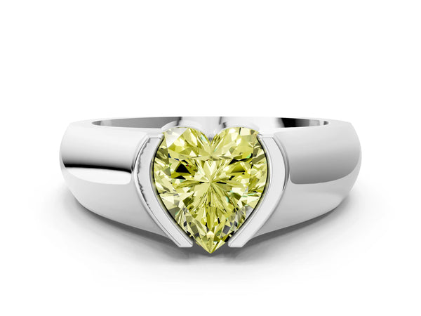 White gold Fancy Yellow Heart Cut Solitaire Bezel Set Diamond Ring with Wide Band