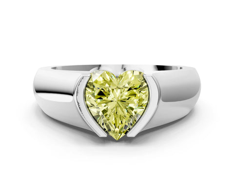 White gold Fancy Yellow Heart Cut Solitaire Bezel Set Diamond Ring with Wide Band