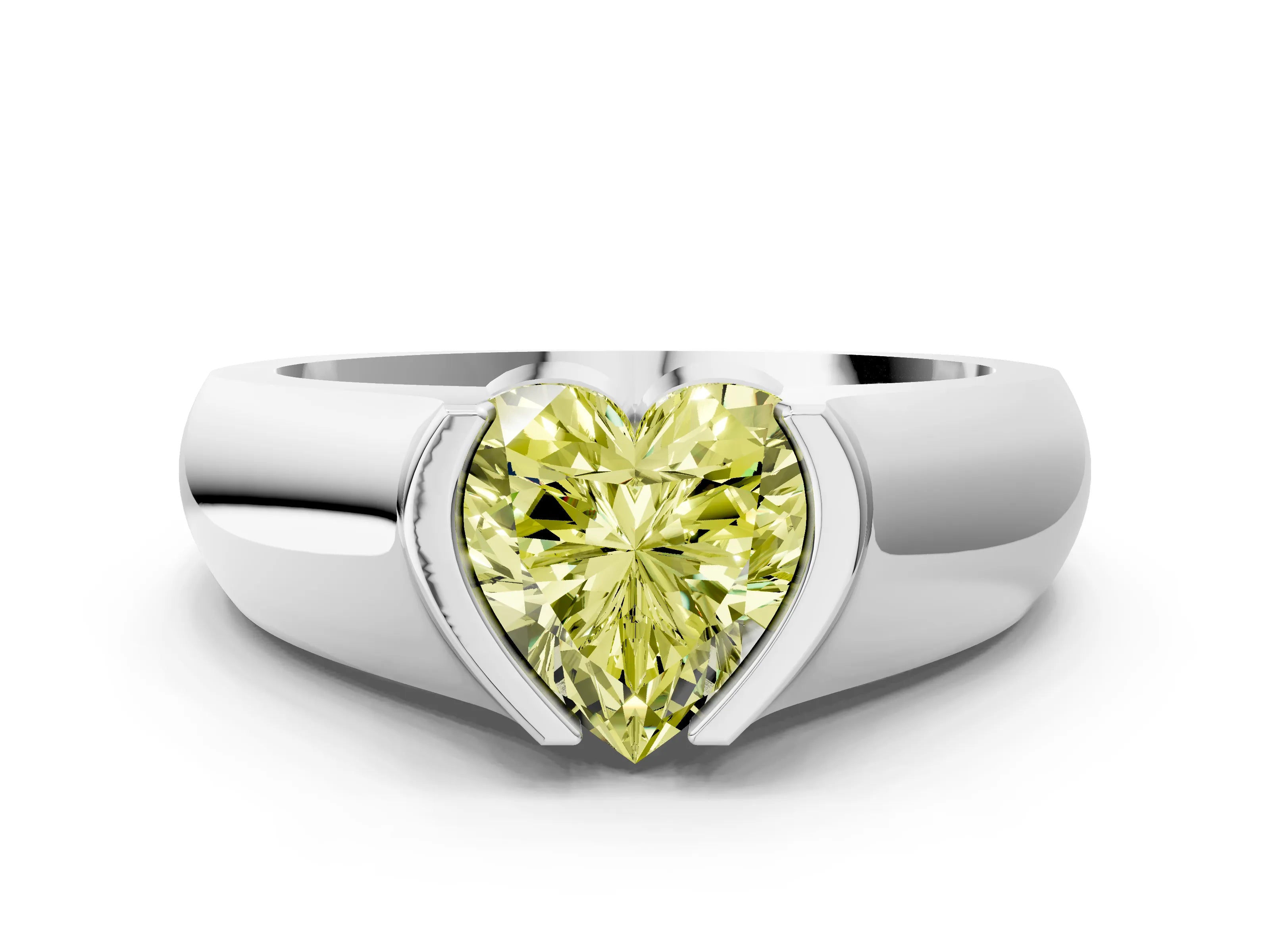 White gold Fancy Yellow Heart Cut Solitaire Bezel Set Diamond Ring with Wide Band