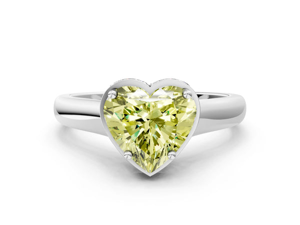 Platinum Fancy Yellow Heart Cut Solitaire Diamond Engagement Ring with Four-Prong Setting and Tapered Band