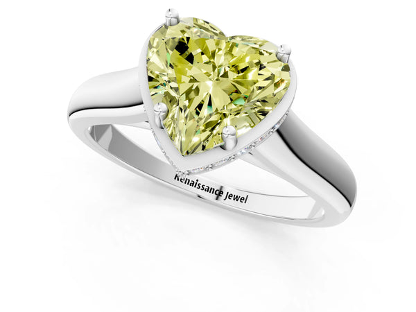 Platinum Fancy Yellow Heart Cut Solitaire Diamond Engagement Ring with Four-Prong Setting and Tapered Band