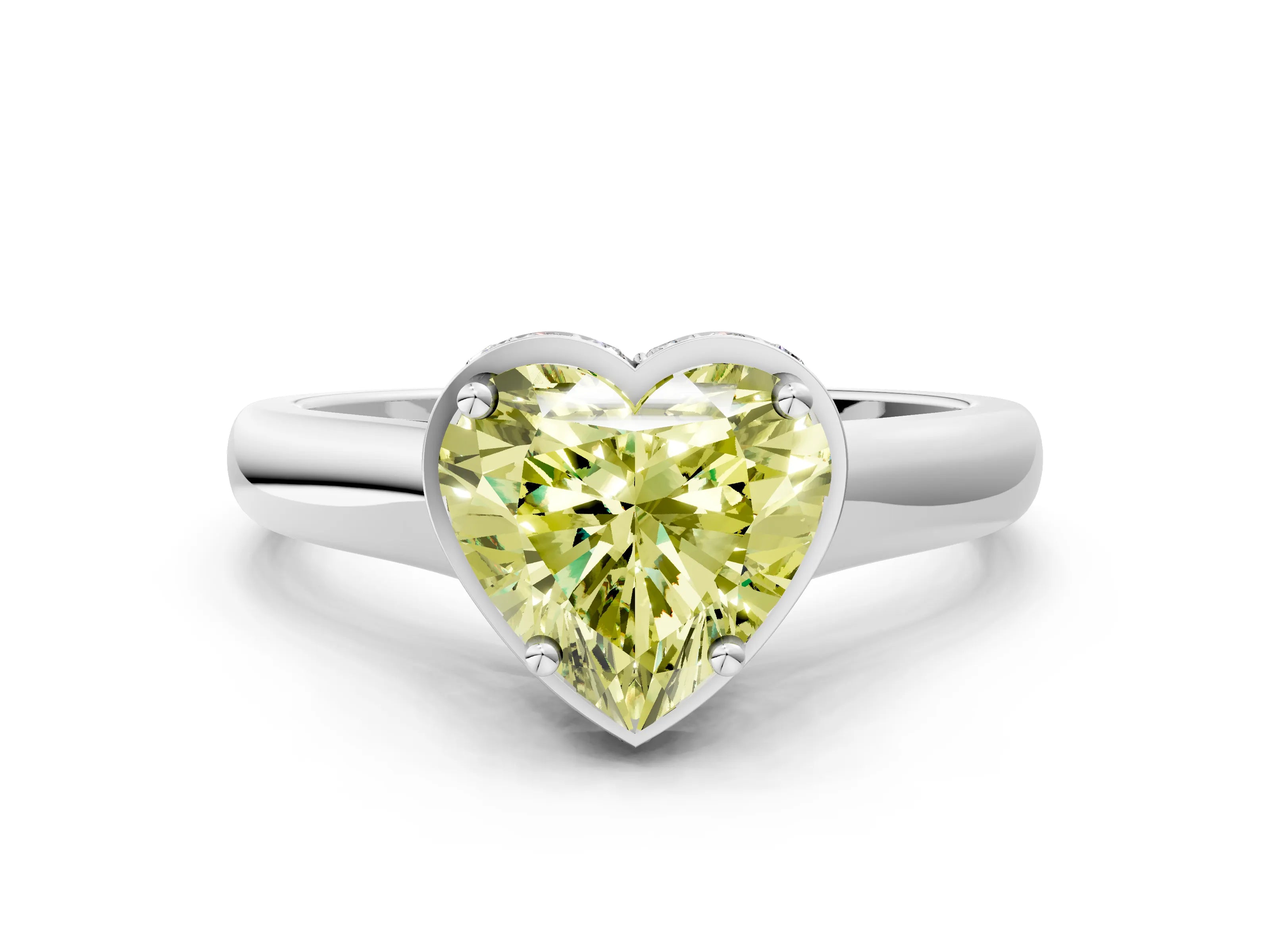 White gold Fancy Yellow Heart Cut Solitaire Diamond Engagement Ring with Four-Prong Setting and Tapered Band