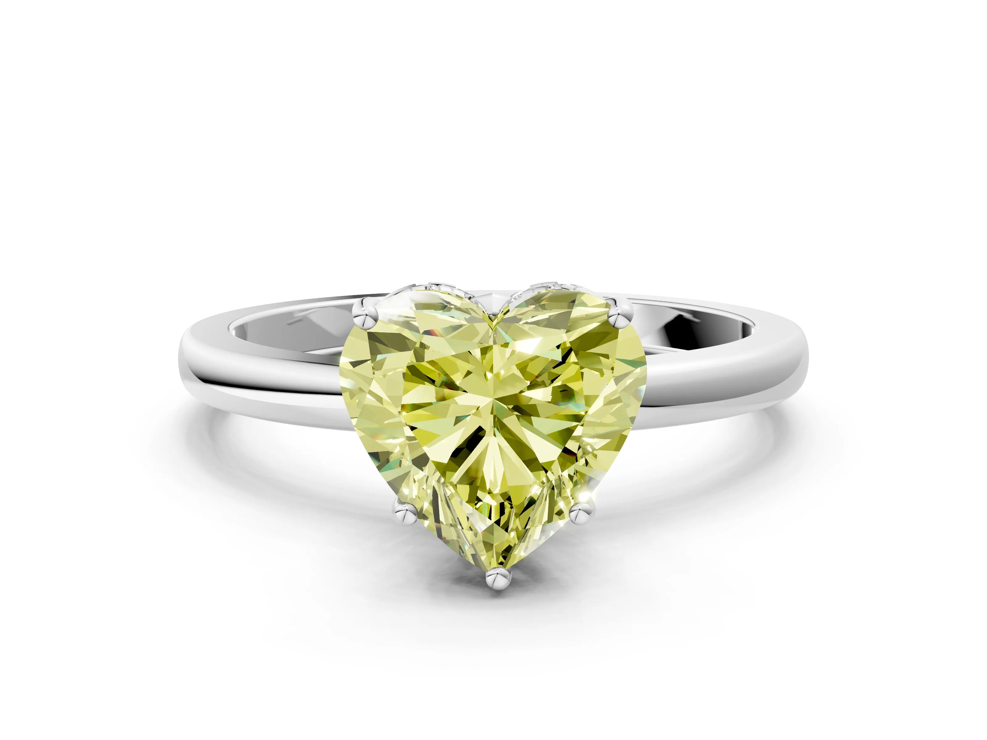 White gold Fancy Yellow Heart Cut Solitaire Diamond Ring with Prong Setting and Plain Band_12