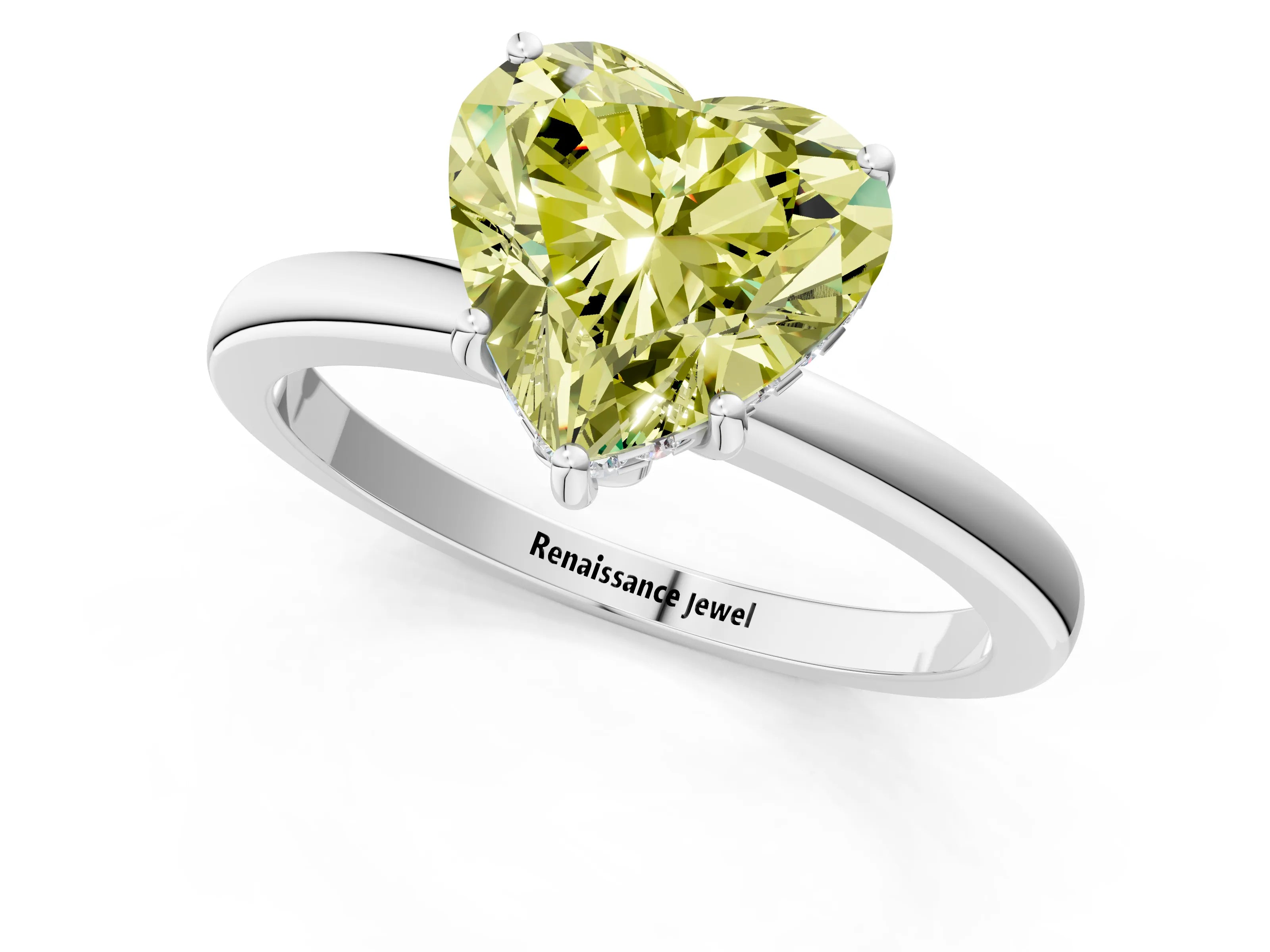 White gold Fancy Yellow Heart Cut Solitaire Diamond Ring with Prong Setting and Plain Band_13