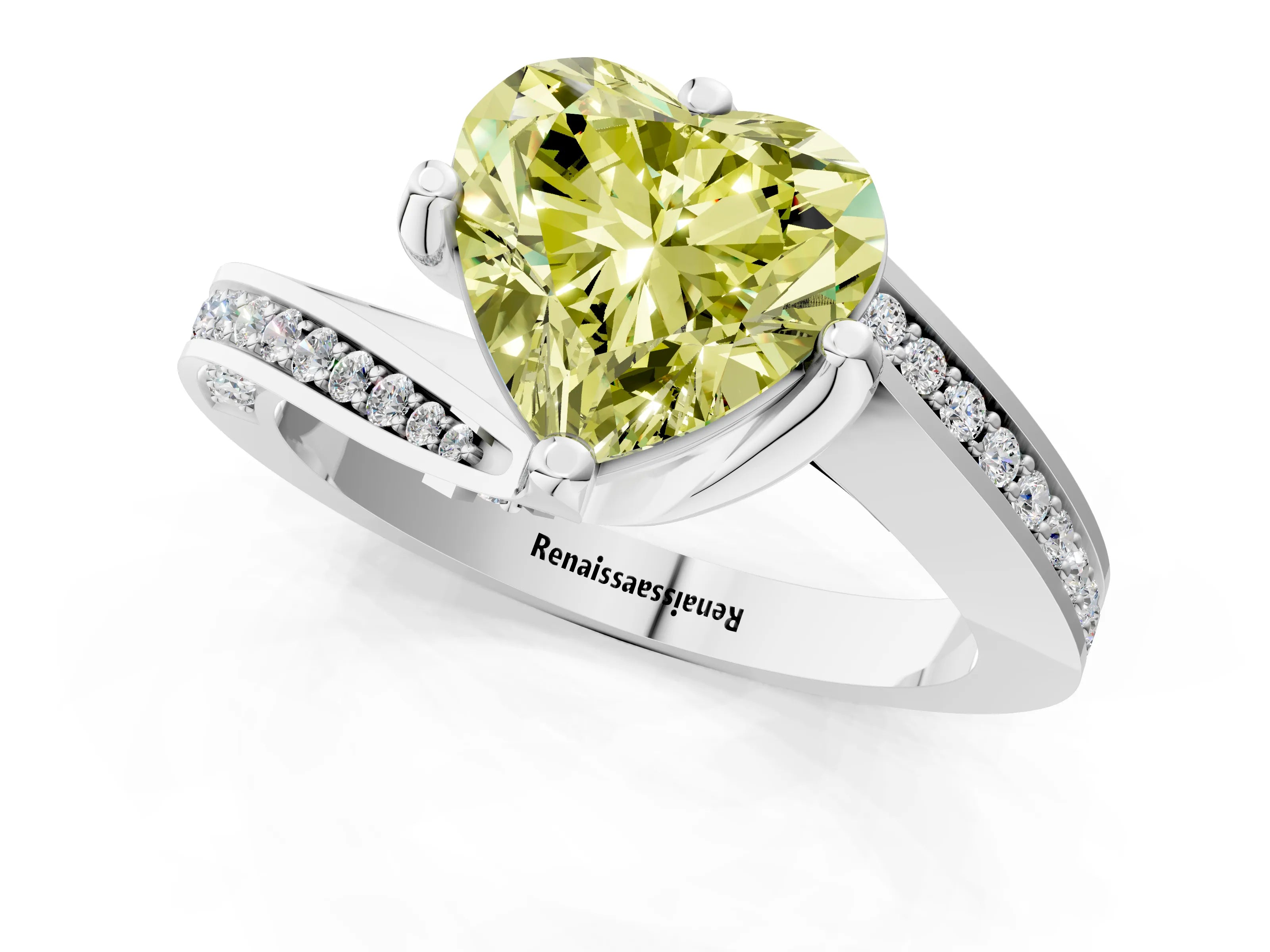 White gold Fancy Yellow Heart Cut Solitaire Diamond Twist Band with Pavé Setting and Four-Prong Setting_13