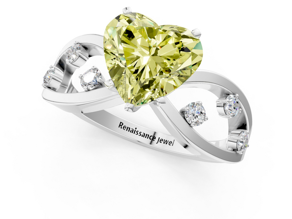 Platinum Fancy Yellow Heart  Cut Solitaire Diamond with Side Stones on Criss-Cross Band and Four-Prong Setting