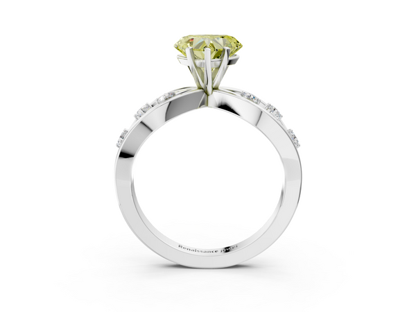 Platinum Fancy Yellow Heart  Cut Solitaire Diamond with Side Stones on Criss-Cross Band and Four-Prong Setting