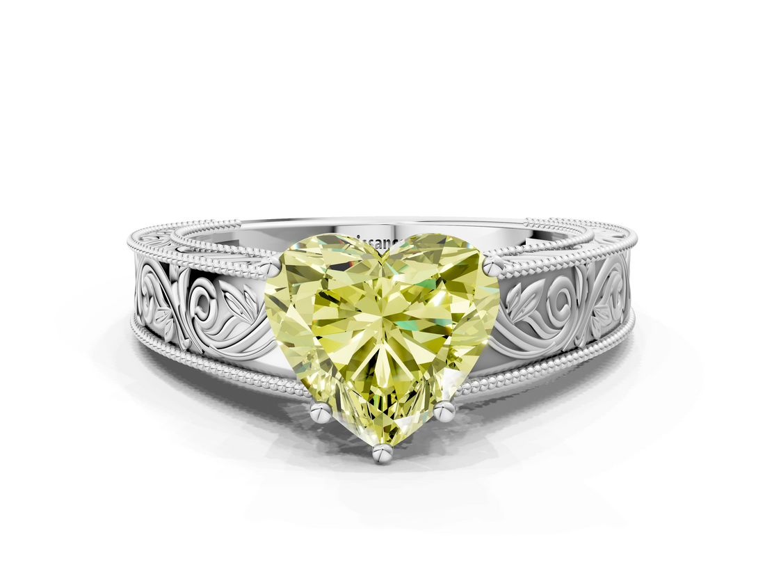 White gold Fancy Yellow Heart  Cut Solitaire Engraved Band with Four-Prong Setting_73