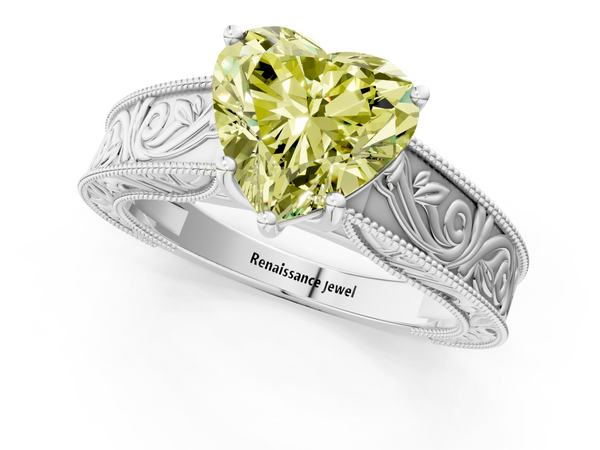 Platinum Fancy Yellow Heart Cut Diamond Solitaire Ring with Engraved Band and Four-Prong Setting