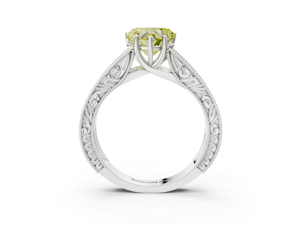Platinum Fancy Yellow Heart Cut Diamond Solitaire Ring with Engraved Band and Four-Prong Setting