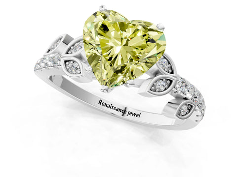 White gold Fancy Yellow Heart Cut Solitaire Leaf-Inspired Diamond Ring with Pavé Band and Four-Prong Setting_13