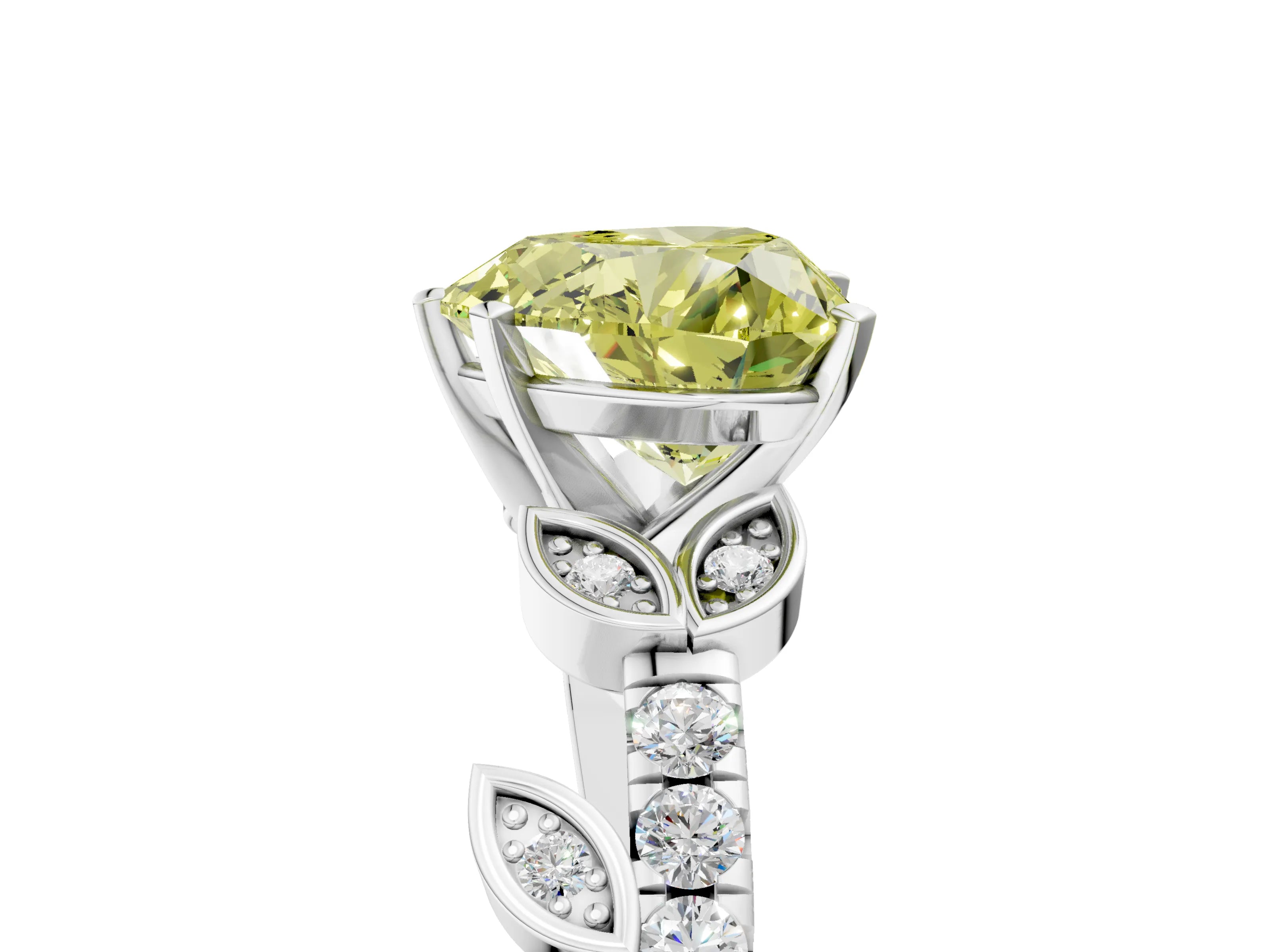 White gold Fancy Yellow Heart Cut Solitaire Leaf-Inspired Diamond Ring with Pavé Band and Four-Prong Setting_17