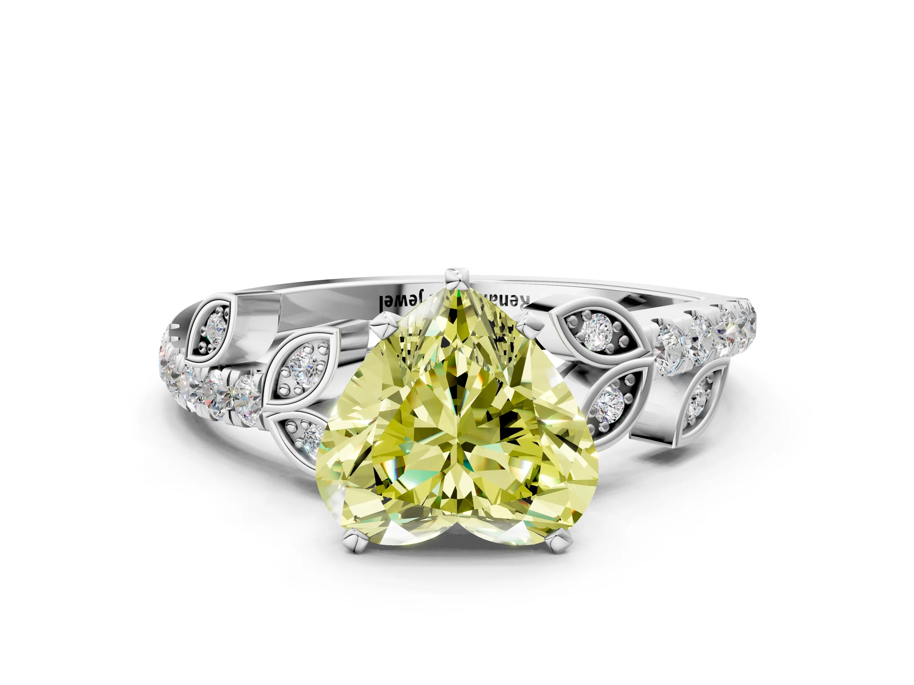 White gold Fancy Yellow Heart Cut Solitaire Leaf-Inspired Diamond Ring with Pavé Band and Four-Prong Setting_24