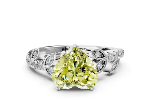 White gold Fancy Yellow Heart Cut Solitaire Leaf-Inspired Diamond Ring with Pavé Band and Four-Prong Setting_24