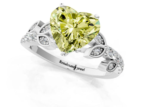 White gold Fancy Yellow Heart Cut Solitaire Leaf-Inspired Diamond Ring with Pavé Band and Four-Prong Setting_25