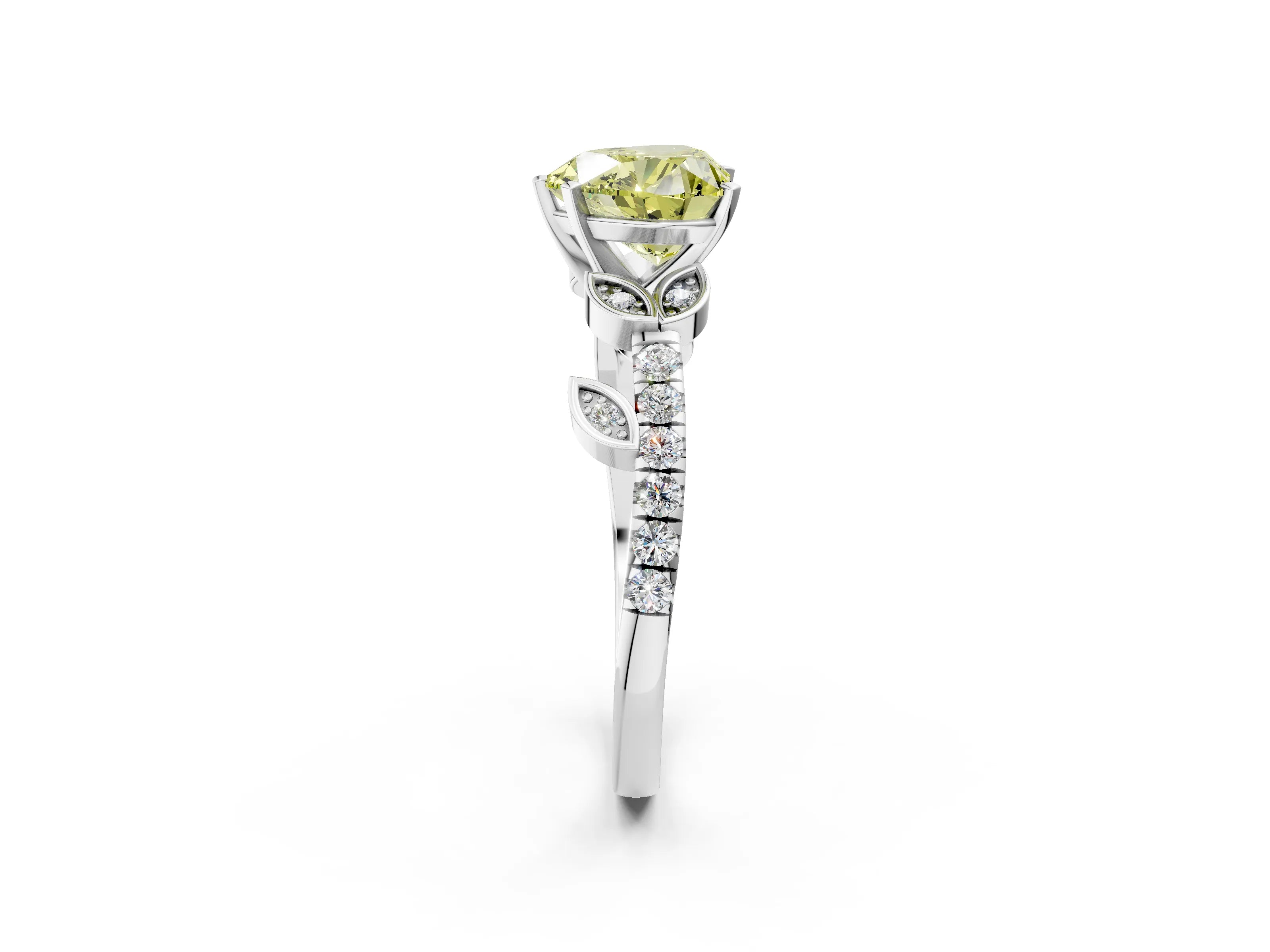 White gold Fancy Yellow Heart Cut Solitaire Leaf-Inspired Diamond Ring with Pavé Band and Four-Prong Setting_26