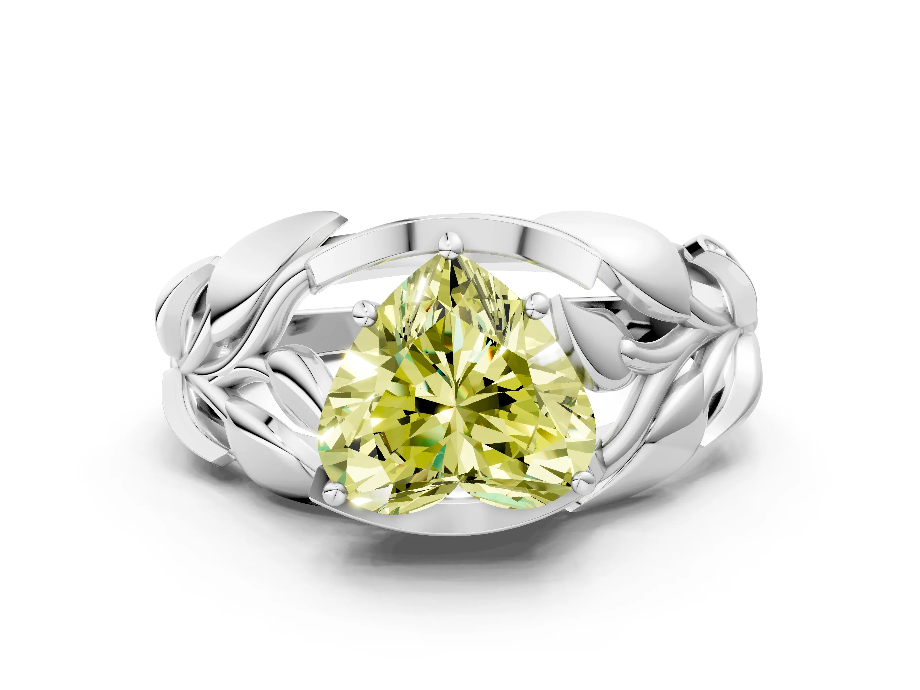 White gold Fancy Yellow Heart Cut Solitaire Leaf-Inspired Engagement Ring with Prong Setting