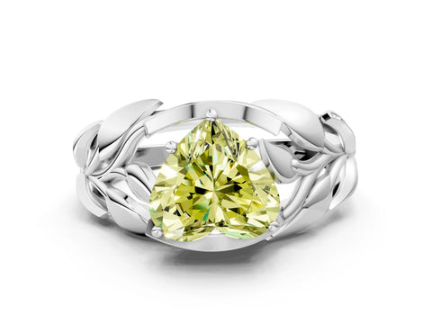 White gold Fancy Yellow Heart Cut Solitaire Leaf-Inspired Engagement Ring with Prong Setting