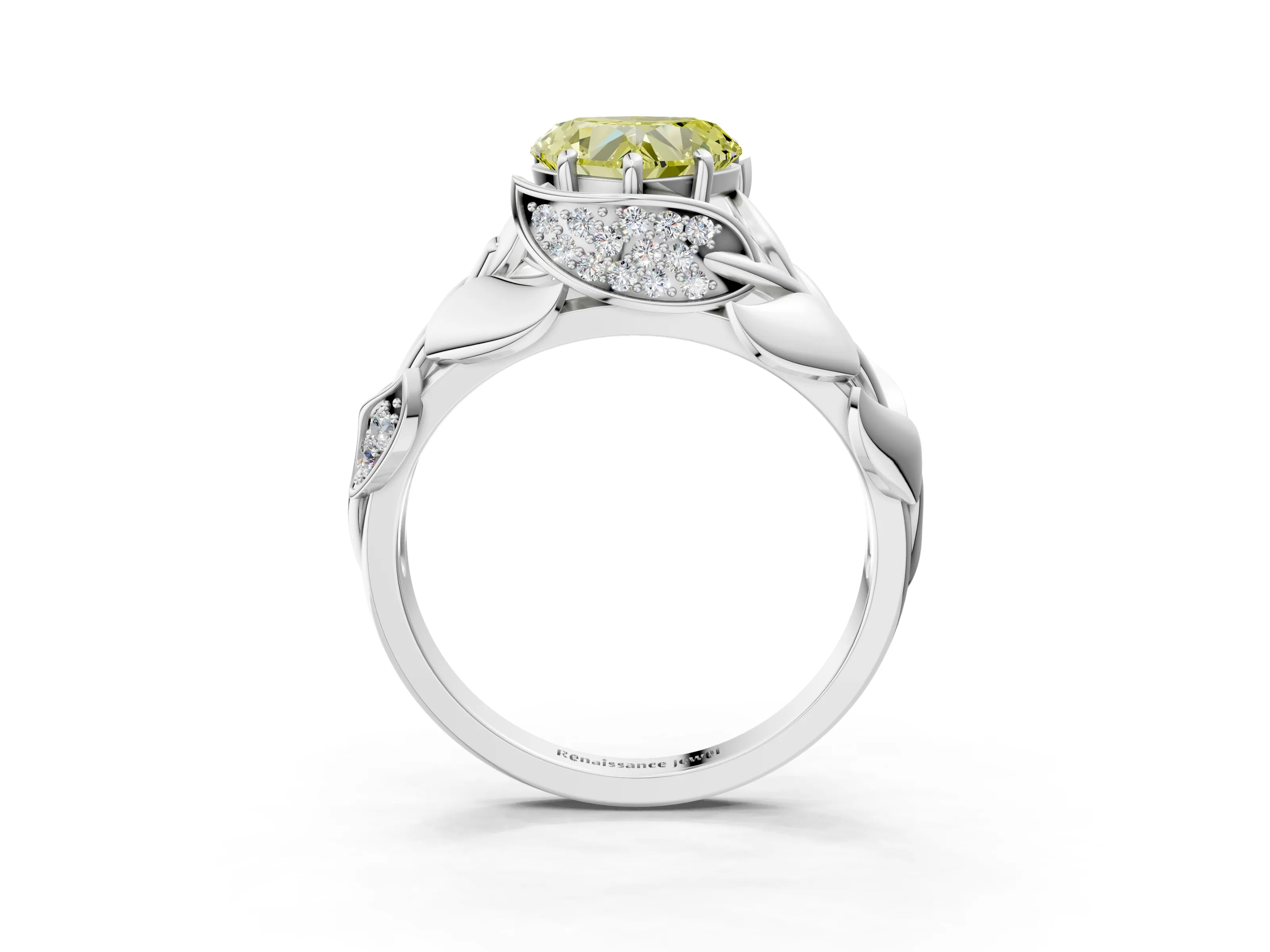 White gold Fancy Yellow Heart Cut Solitaire Leaf-Inspired Engagement Ring with Prong Setting_3