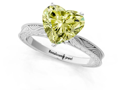 White gold Fancy Yellow Heart Cut Solitaire Milgrain Engraved Band with Four-Prong Setting_13