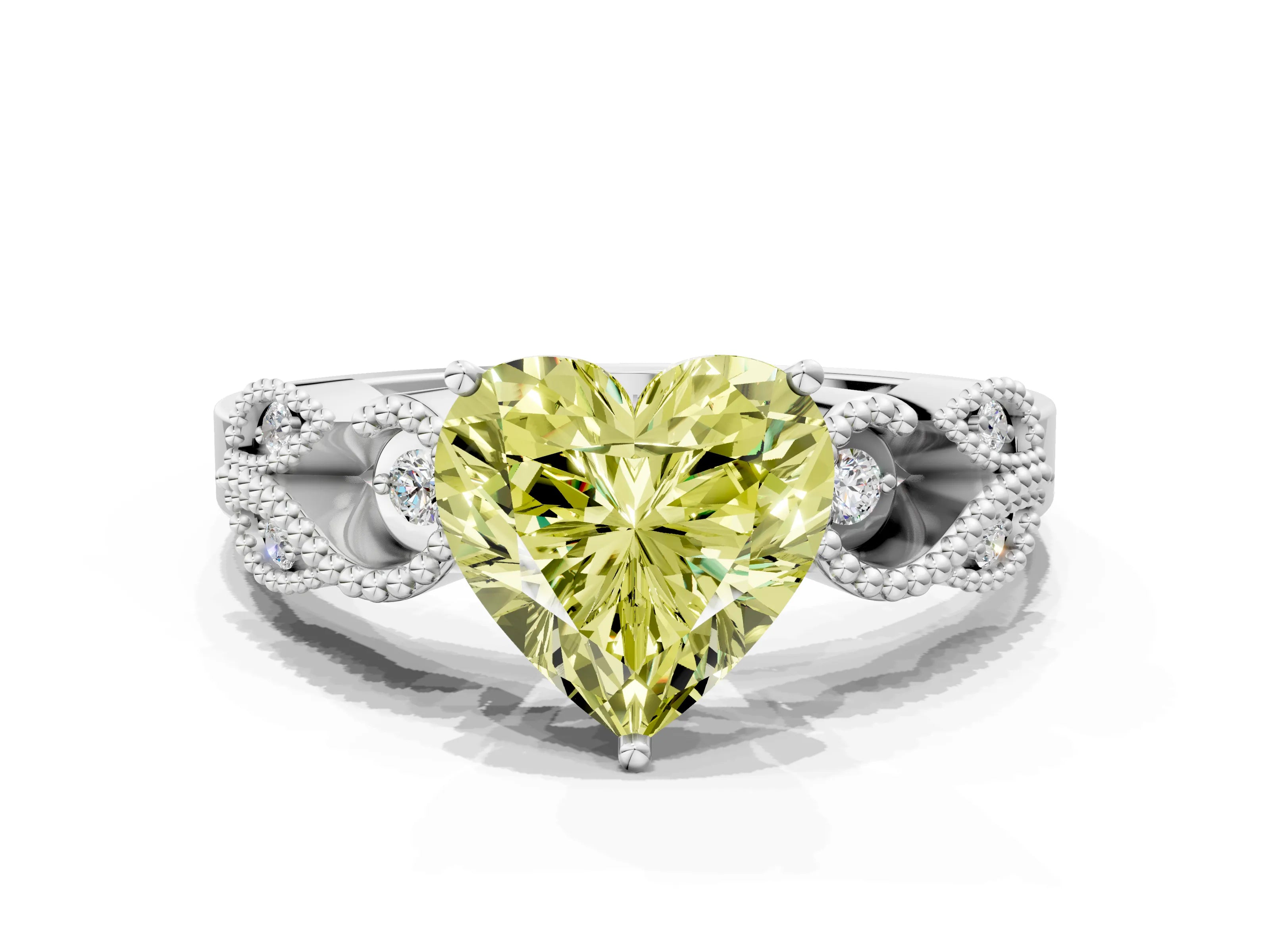 White gold Fancy Yellow Heart Cut Solitaire Milgrain Leaf Band with Prong Setting_12