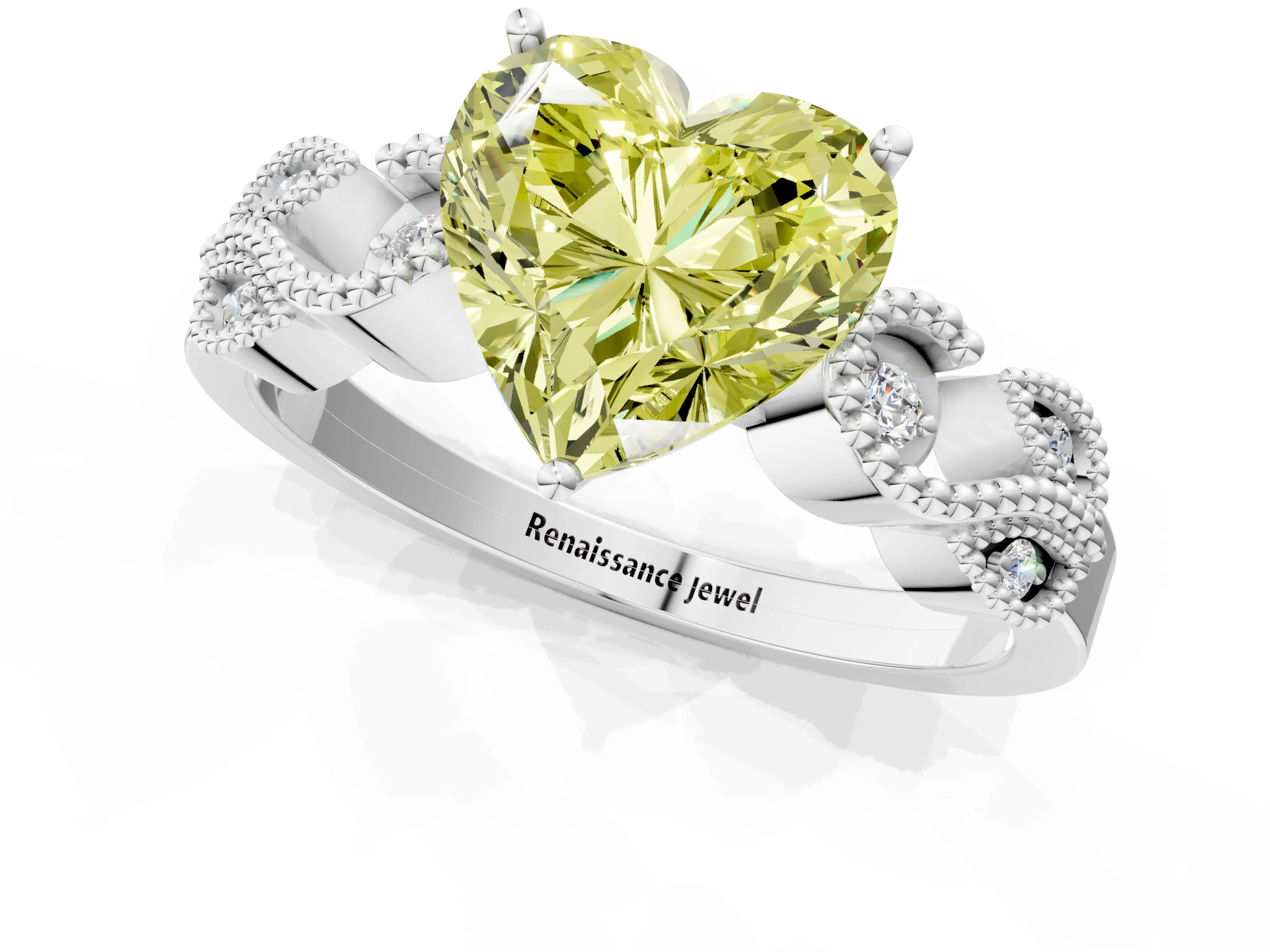 White gold Fancy Yellow Heart Cut Solitaire Milgrain Leaf Band with Prong Setting_13
