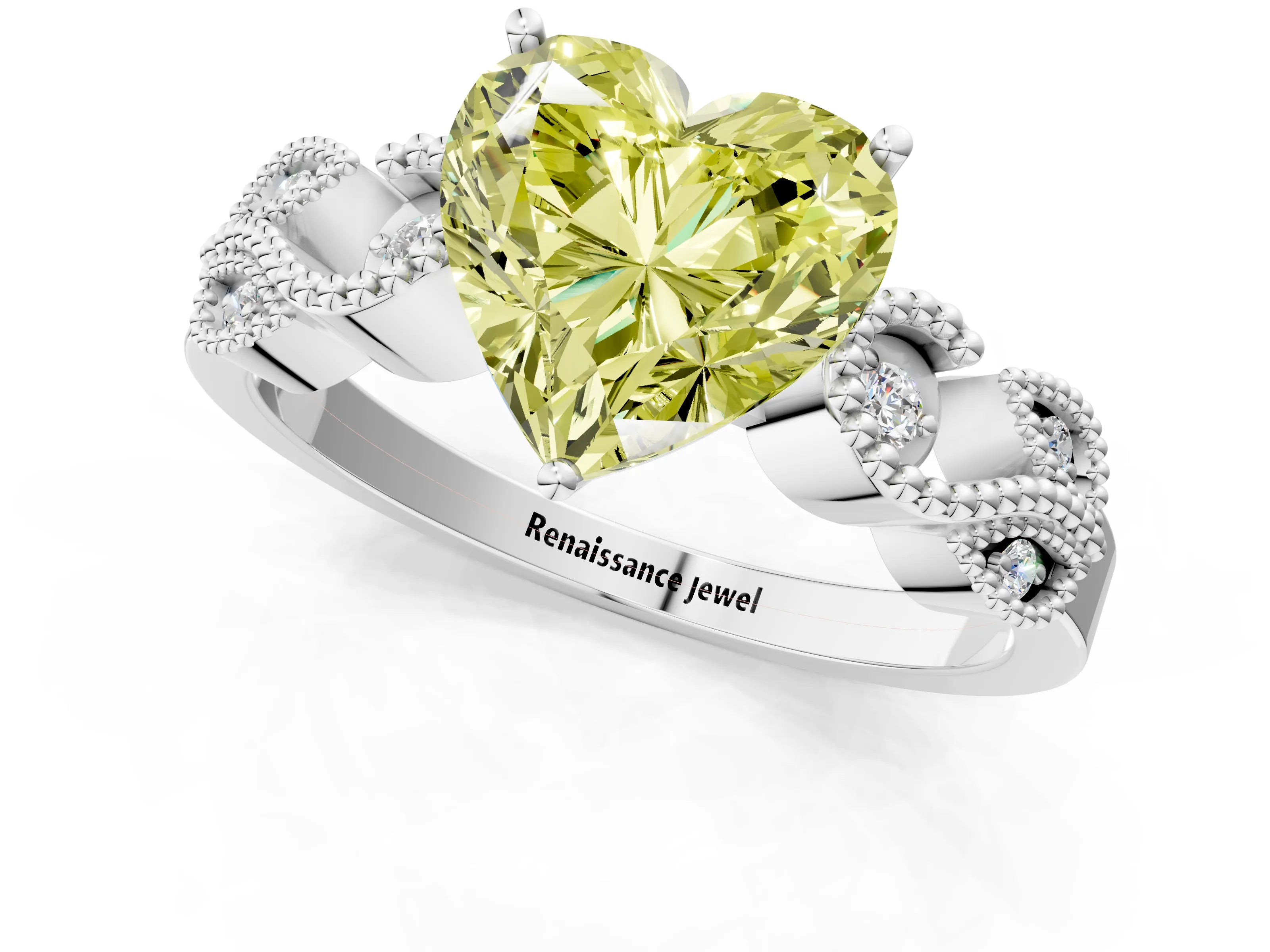 White gold Fancy Yellow Heart Cut Solitaire Milgrain Leaf Band with Prong Setting_1