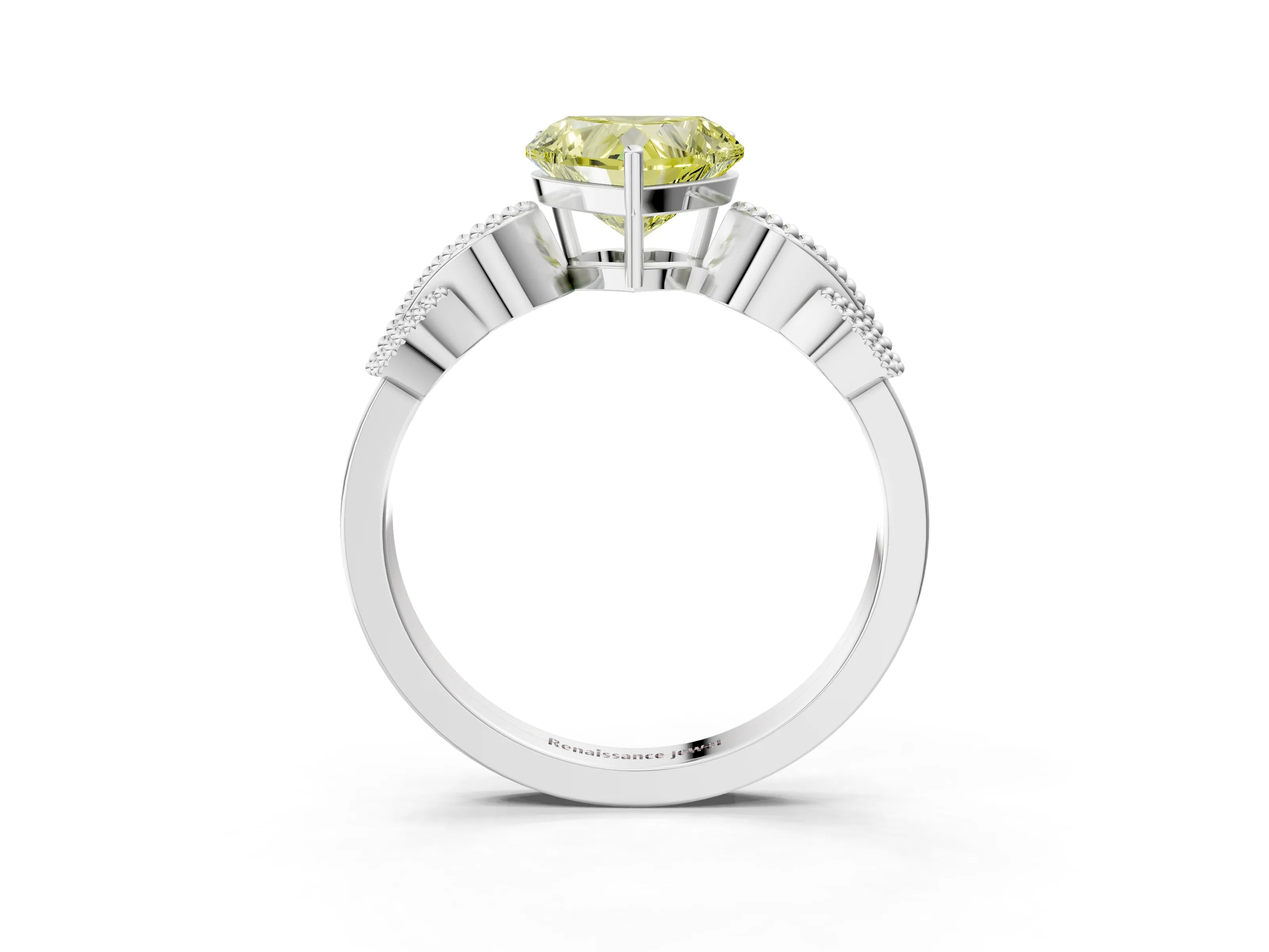 White gold Fancy Yellow Heart Cut Solitaire Milgrain Leaf Band with Prong Setting_3