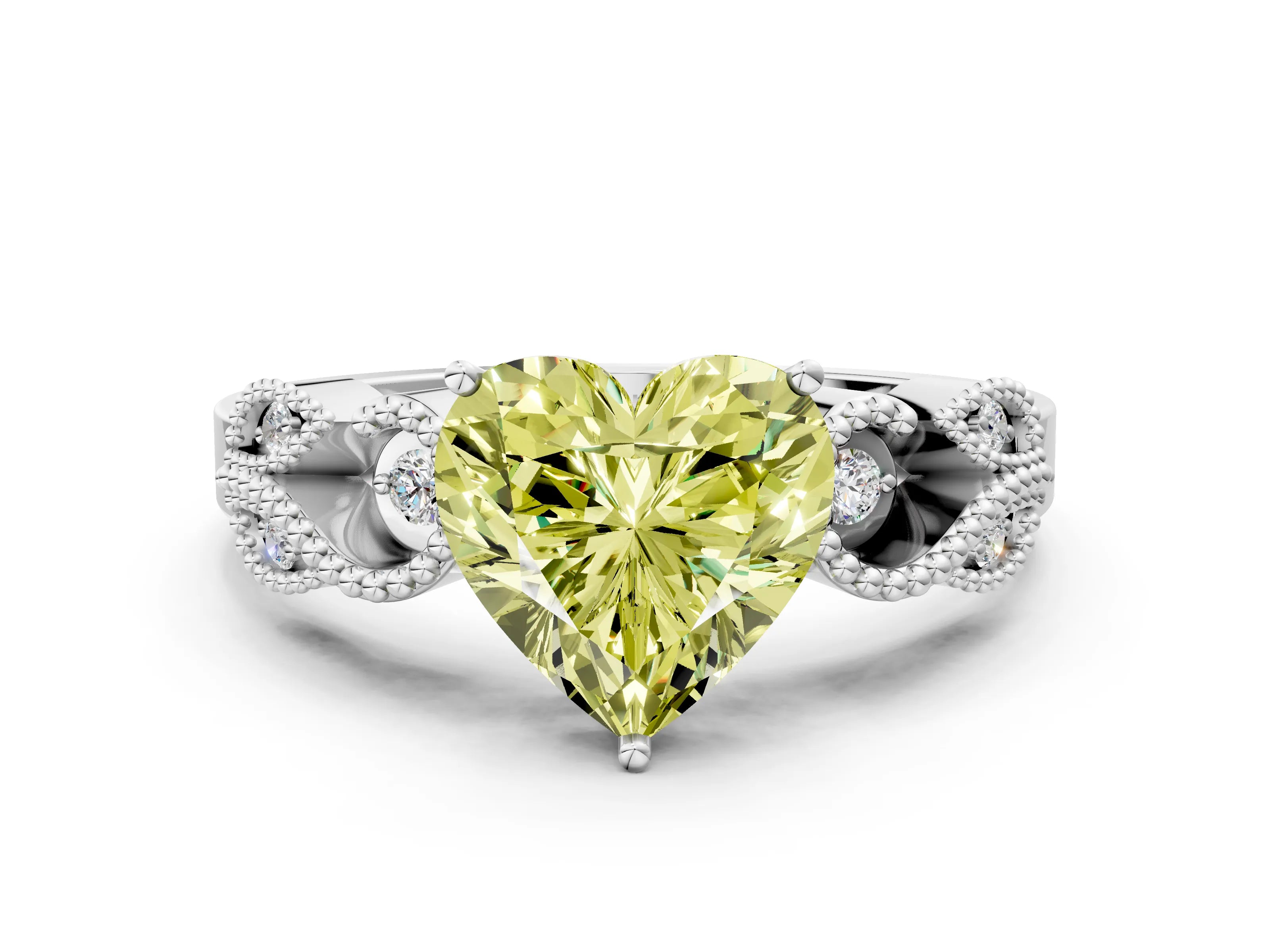 White gold Fancy Yellow Heart Cut Solitaire Milgrain Leaf Band with Prong Setting