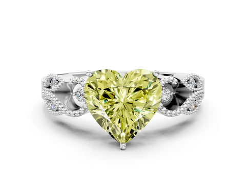 White gold Fancy Yellow Heart Cut Solitaire Milgrain Leaf Band with Prong Setting