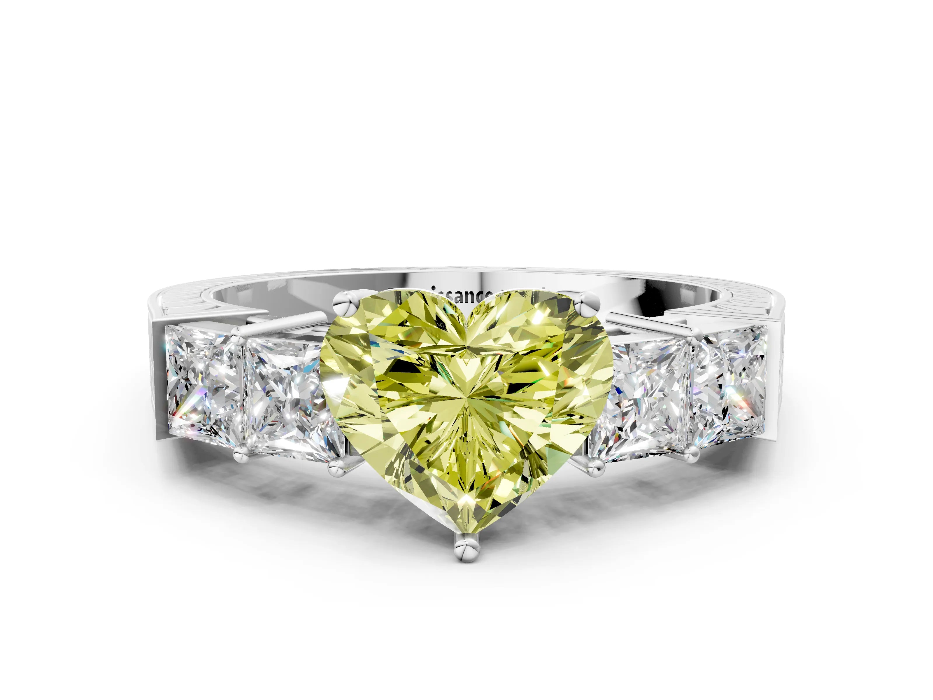 White gold Fancy Yellow Heart Cut Solitaire Princess Side Stone Engraved Band Prong Setting Ring